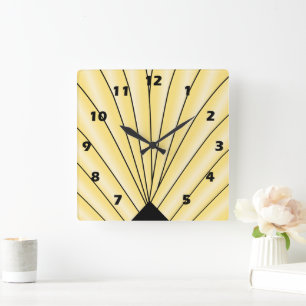 Art Deco ventilatorontwerp gele vierkante wandklok