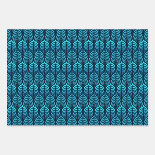 Art Deco-ventilatorpatroon, blauw, koper, wter Inpakpapier Vel (Voorkant)