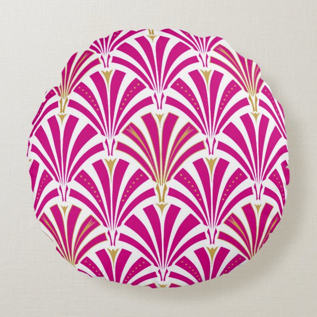 Art Deco-ventilatorpatroon - fuchsia roze Rond Kussen (Voorkant)