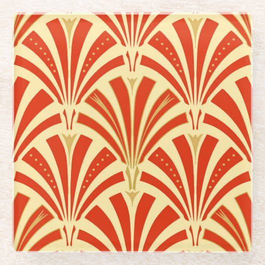 Art Deco-ventilatorpatroon - mandarijnenoranje Glazen Onderzetter (Voorkant)