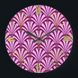 Art Deco-ventilatorpatroon - orchidee en paars Grote Klok<br><div class="desc">Digitale reproductie van een klassiek,  Art Deco wallpaper ventilatorpatroon - bleke orchidee roze op diep paars / aubergine,  geëmailleerd met goud</div>