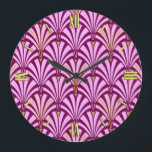 Art Deco-ventilatorpatroon - orchidee en paars Grote Klok<br><div class="desc">Digitale reproductie van een klassiek,  Art Deco wallpaper ventilatorpatroon - bleke orchidee roze op diep paars / aubergine,  geëmailleerd met goud</div>