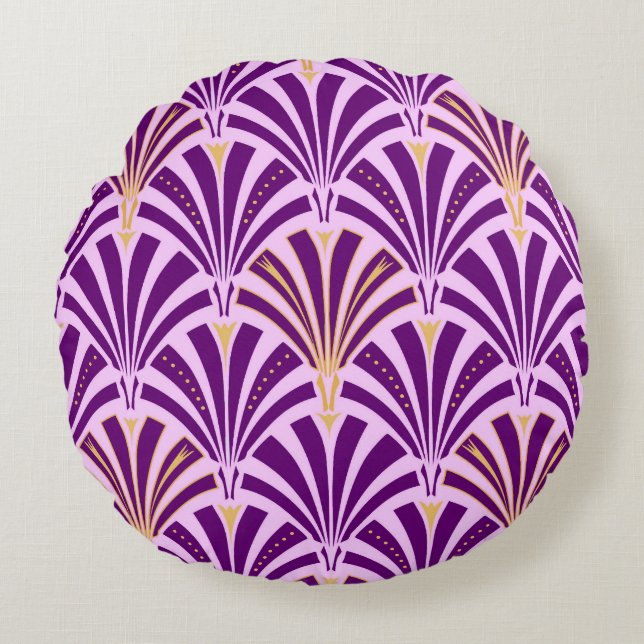 Art Deco-ventilatorpatroon - paars en orchidee Rond Kussen (Voorkant)