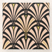 Art Deco-ventilatorpatroon - perziken op zwart Glazen Onderzetter (Voorkant)