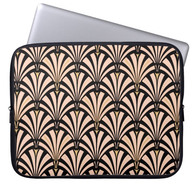 Art Deco-ventilatorpatroon - perziken op zwart Laptop Sleeve (Voorkant)