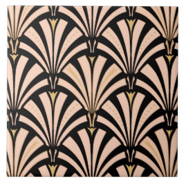 Art Deco-ventilatorpatroon - perziken op zwart Tegeltje