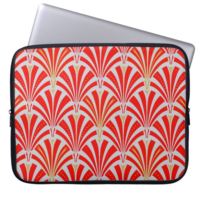 Art Deco-ventilatorpatroon - rood op parelgrijs Laptop Sleeve (Voorkant)