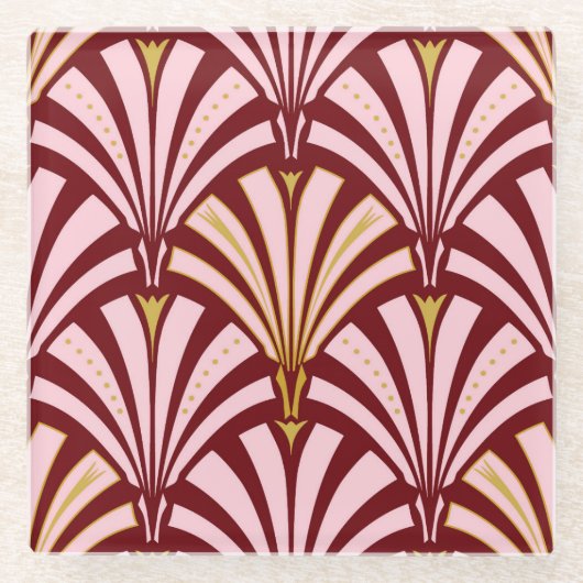 Art Deco-ventilatorpatroon - roze en Bourgogne Glazen Onderzetter (Voorkant)