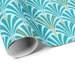 Art Deco-ventilatorpatroon - turquoise op aqua Cadeaupapier