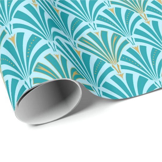Art Deco-ventilatorpatroon - turquoise op aqua Cadeaupapier (Rol Hoek)