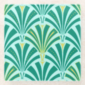 Art Deco-ventilatorpatroon - turquoise op aqua Glazen Onderzetter (Voorkant)