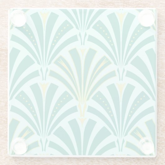 Art Deco-ventilatorpatroon - turquoise op aqua Glazen Onderzetter (Achterkant)