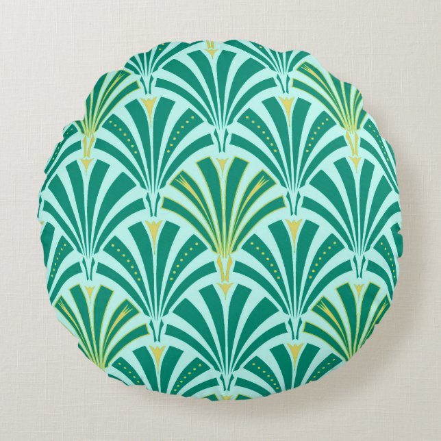 Art Deco-ventilatorpatroon - turquoise op aqua Rond Kussen (Voorkant)
