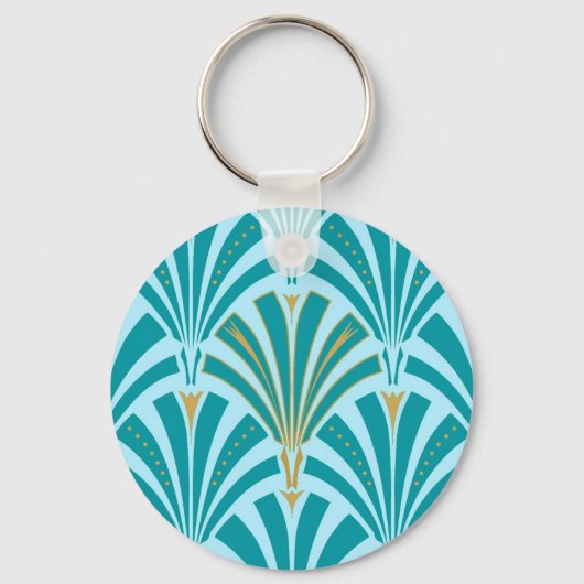 Art Deco-ventilatorpatroon - turquoise op aqua Sleutelhanger (Voorkant)