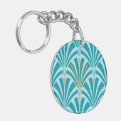 Art Deco-ventilatorpatroon - turquoise op aqua Sleutelhanger (Voorkant Links)