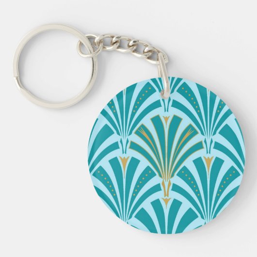 Art Deco-ventilatorpatroon - turquoise op aqua Sleutelhanger (Voorkant)