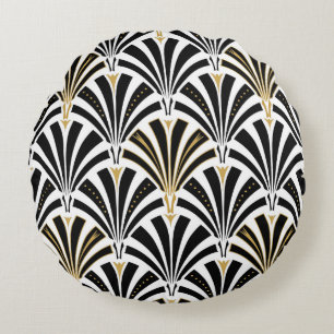 Art Deco-ventilatorpatroon - zwart-wit Rond Kussen