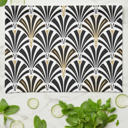 Art Deco-ventilatorpatroon - zwart-wit Theedoek (Gevouwen)