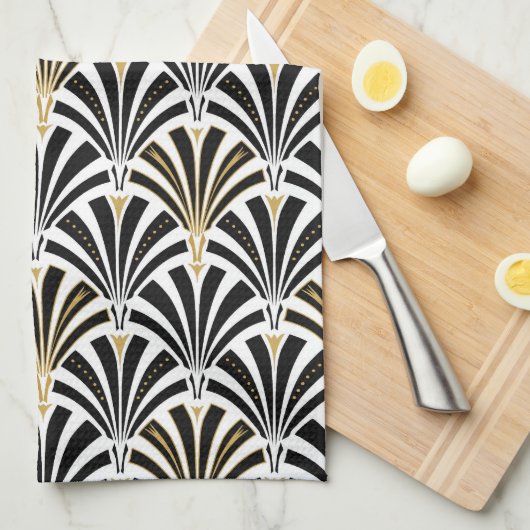 Art Deco-ventilatorpatroon - zwart-wit Theedoek (Quarter Fold)