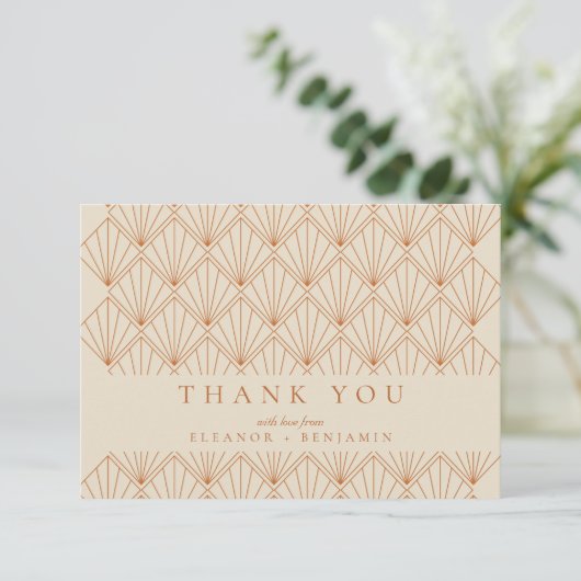 Art Deco Verbrandt Oranje Elegant Custom Wedding Bedankkaart (Staand voorkant)