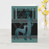 Art Deco Verjaardag Kaart met Vrouw en hond (Gele Bloem)