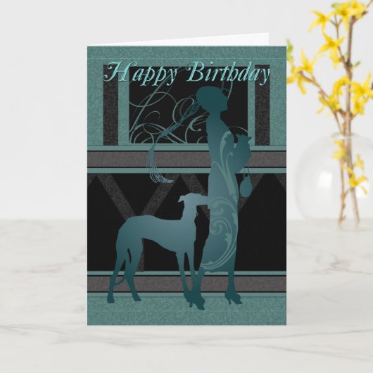 Art Deco Verjaardag Kaart met Vrouw en hond (Gele Bloem)