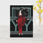 Art Deco Verjaardag Kaart met Vrouw in rood en zwa (Gele Bloem)
