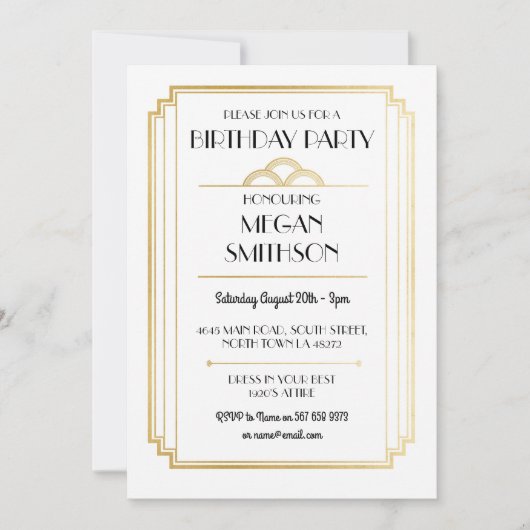 Art Deco verjaardagsfeest 1920 Gatsby Gold Uitnodi Kaart (Voorkant)