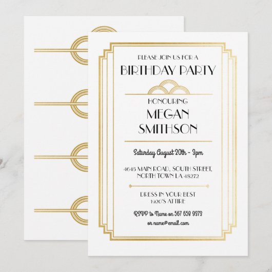 Art Deco verjaardagsfeest 1920 Gatsby Gold Uitnodi Kaart (Voorkant / Achterkant)