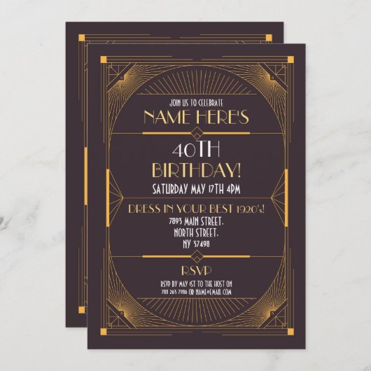 Art Deco-verjaardagsfeest in Gatsby-stijl uit de j Kaart (Voorkant / Achterkant)