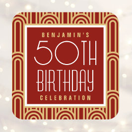 Art Deco Verjaardagsfeest Naam Rood Goud Vierkante Sticker