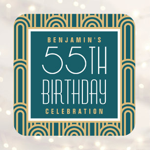 Art Deco Verjaardagsfeest Naam Teal Goud Vierkante Sticker