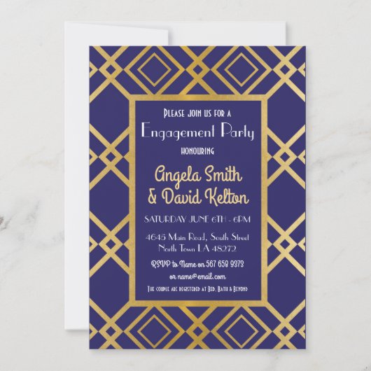 Art Deco Verloving nodigt Navy Gold uit Kaart (Voorkant)