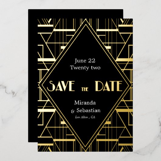 Art Deco Vintage Gatsby Save the Date  Folie Uitnodiging (Voorkant / Achterkant)