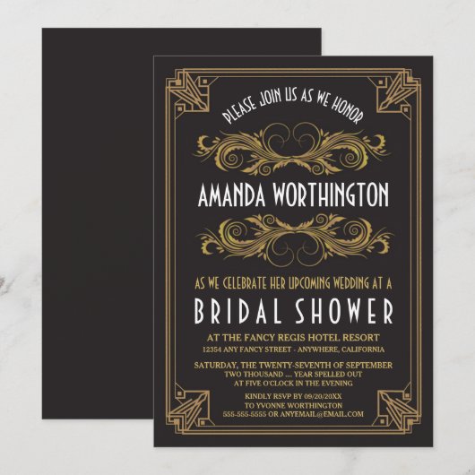 Art Deco Vintage Gouden Bruiloft Uitnodigingen (Voorkant / Achterkant)