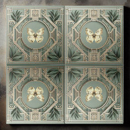 Art Deco Vintage Sagegroene Botanische Vlinder  Tegeltje
