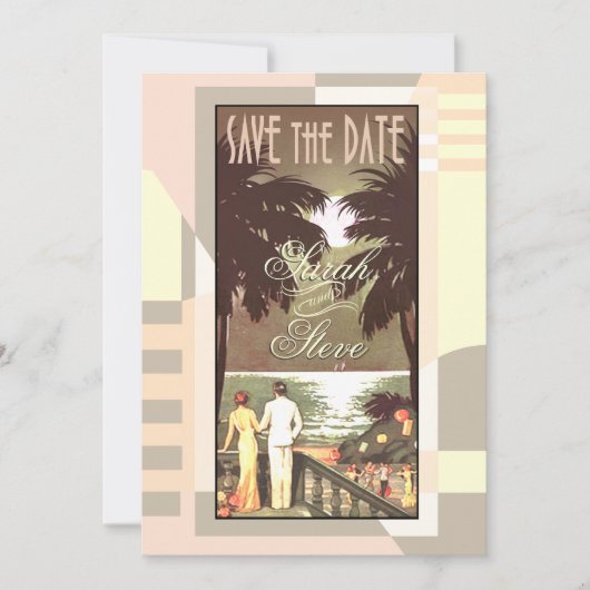 Art Deco Vintage Strand Save the Date roze (Voorkant)