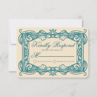 Art Deco Vintage Teal Champagne Wedding RSVP Card Kaartje