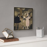 Art Deco vintage, Verrassing door George Barbier Vierkante Klok<br><div class="desc">Vintage illustratie Art Deco ontwerp getiteld Verrassing door George Barbier. Een masqueradefeest met sprookjesfiguren in elegante kostuums en met maskers. Harlequinade is een Brits komisch theatergenre,  pantomime met de personages Harlekijn,  die Columbine liefheeft,  Columbines hebzuchtige vader Pantaloon,  een ondeugende Clown en de bediende,  Pierrot.</div>