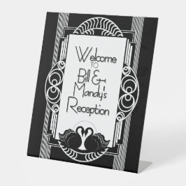 Art Deco Vintage Zwarte en Witte Zwanen Reclamebord Met Voetstuk