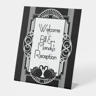 Art Deco Vintage Zwarte en Witte Zwanen Reclamebord Met Voetstuk