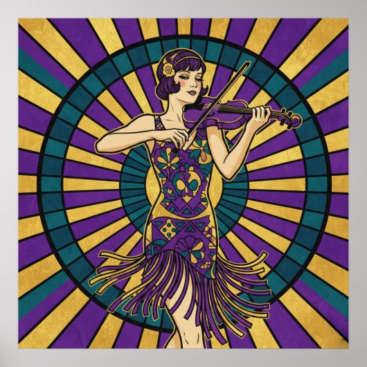 Art Deco Violinist Poster Purple and Gold Flapper (Voorkant)