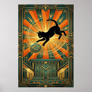 Art Deco Vleugelige Mystieke Kat Muurkunst Poster