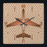 Art Deco-vliegtuig, Bronze, Gold en Rust Brown Vierkante Klok<br><div class="desc">Klok in een kunstdeco-geïnspireerd concept van een futuristisch vlak,  in een gestreepte,  zijdeachtige gradiënt van brons/roestbruin,  voorzien van zacht goud,  op een beige en beige Deco-achtergrond</div>