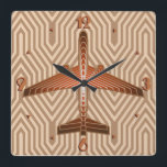 Art Deco-vliegtuig, Bronze, Gold en Rust Brown Vierkante Klok<br><div class="desc">Klok in een kunstdeco-geïnspireerd concept van een futuristisch vlak,  in een gestreepte,  zijdeachtige gradiënt van brons/roestbruin,  voorzien van zacht goud,  op een beige en beige Deco-achtergrond</div>