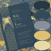 Art Deco Vlinder Blauw en Gouden Bruiloft Kaart