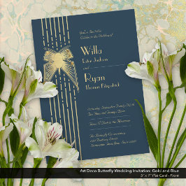 Art Deco Vlinder Blauw en Gouden Bruiloft Kaart