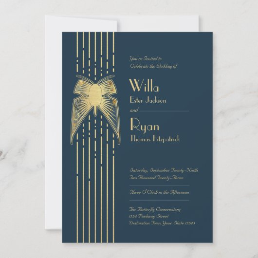 Art Deco Vlinder Blauw en Gouden Bruiloft Kaart (Voorkant)