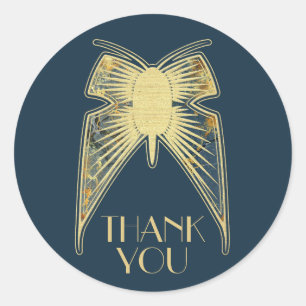 Art Deco Vlinder Blauw Goud "Dank je wel" Ronde Sticker