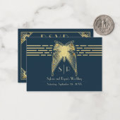 Art Deco vlinder blauw goud RSVP Notitiekaartje (Voorkant / Achterkant in situ)
